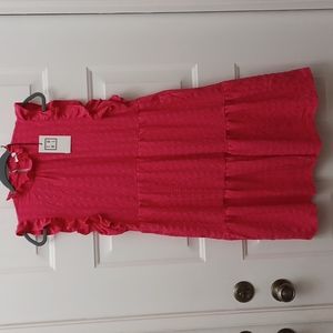 NWT THML hot pink fushia 3 tier ruffle neck midi dress NEW